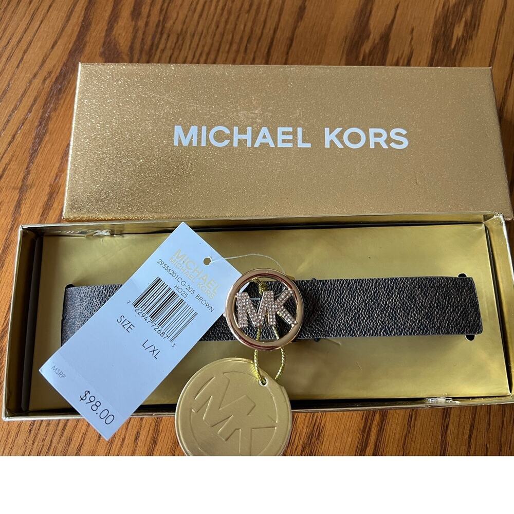 Michael Kors Brown Belt with MK Rhinestone Initials on Buckle, Women's L-XL  NWT